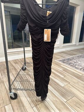Nue by Shani Black Ruched Midi Dress with Draped Cowl